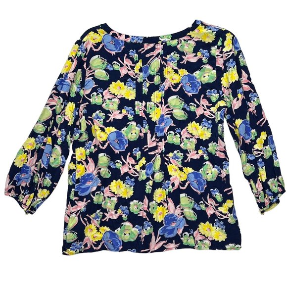 Talbots Top Womens Large Black Yellow Blue Long Sleeve Split Neck Pullover Flora - Picture 7 of 10